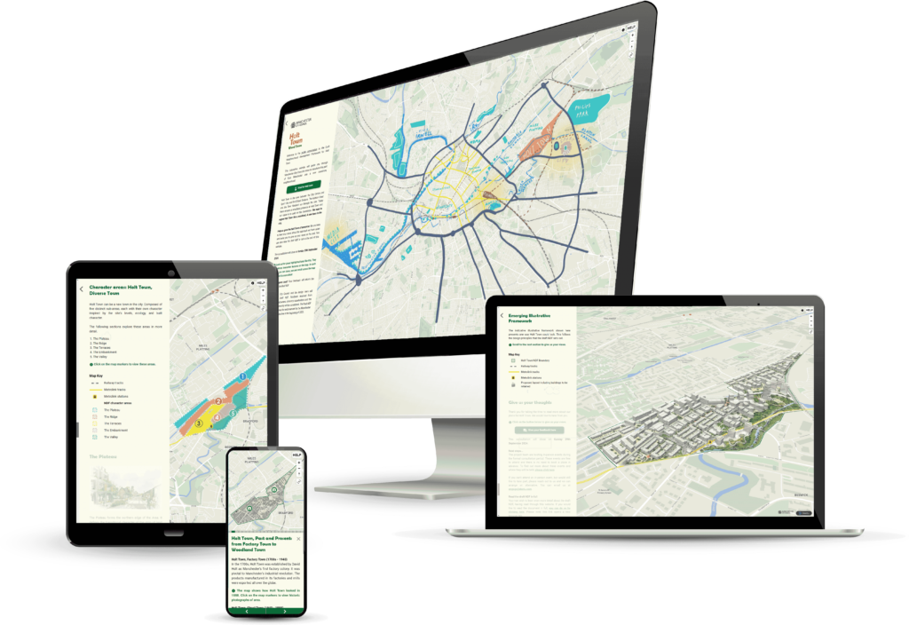 4 different screens which show the website for Holt Town displayed