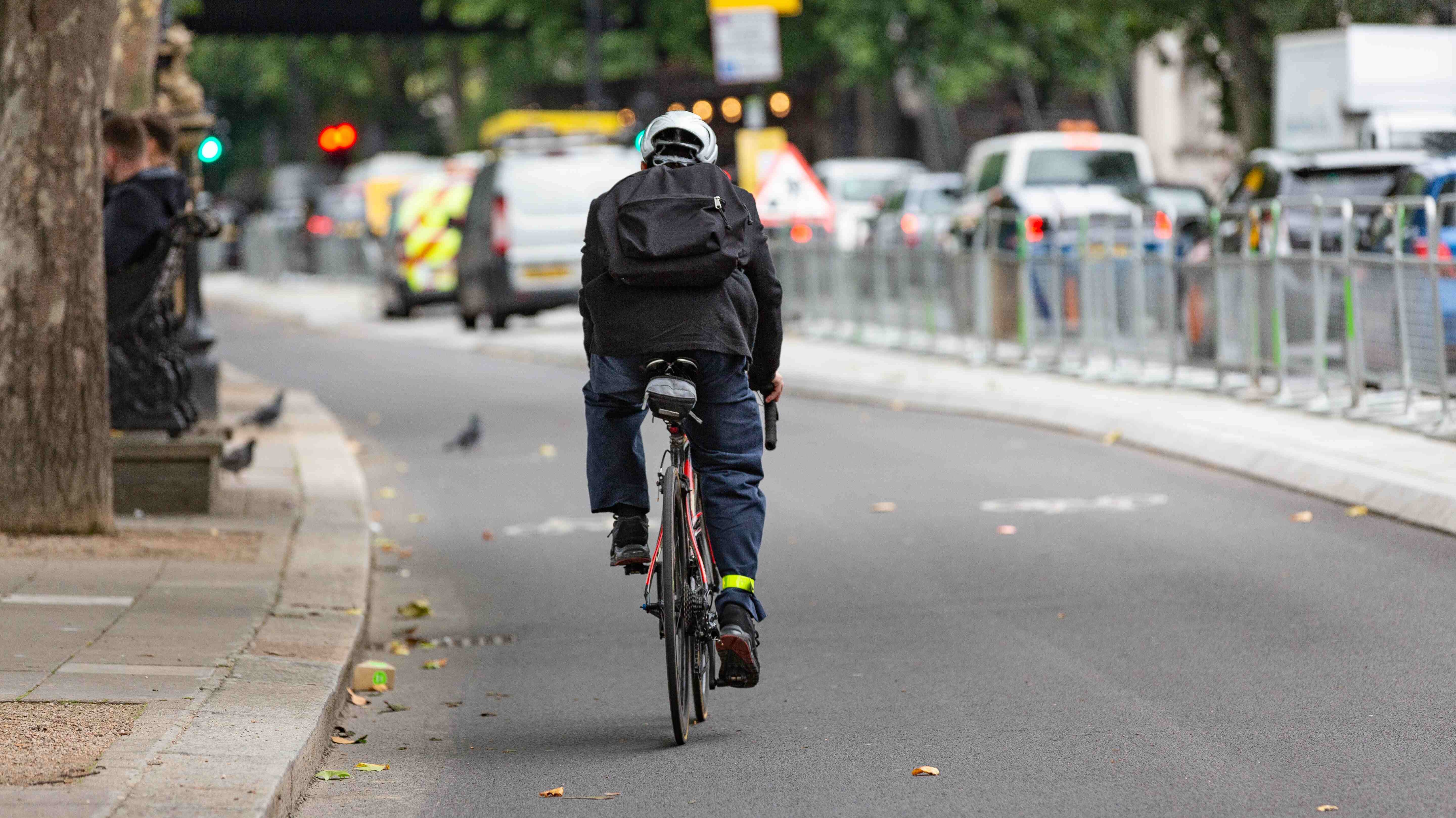A cyclist, wearing a helmet, using a cycle path next to a busy road