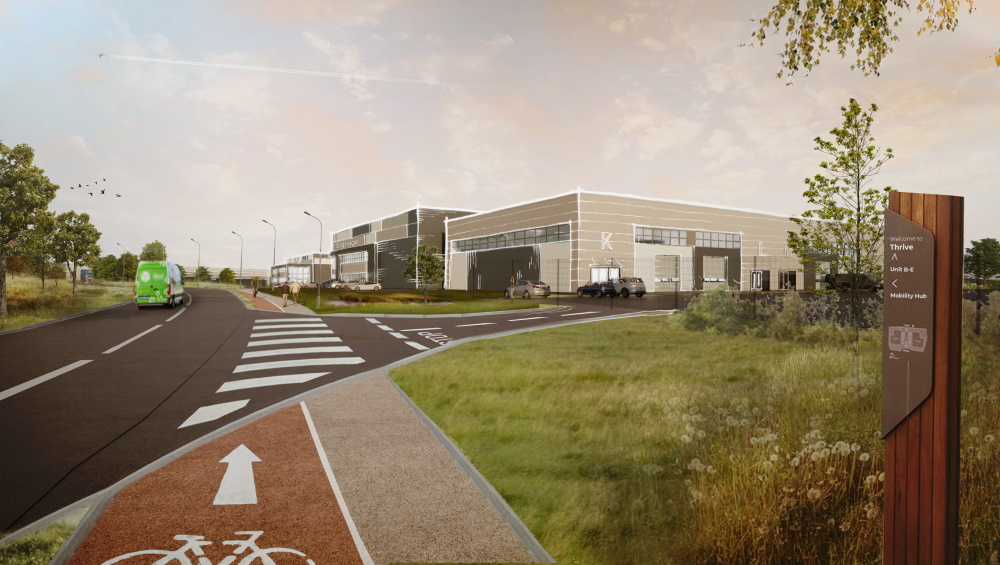 A conceptual image of Thrive, showing what it could look like, with a van on the road and plenty of cycling paths